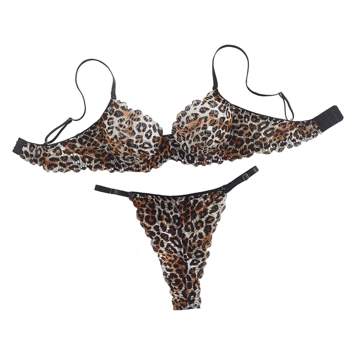 House Of Dasein Sexy Leopard Print Pure Desire Style Thin Underwear Large Chest Minimizer Push Up Bra And Thong Set - Leopard Print - Xl
