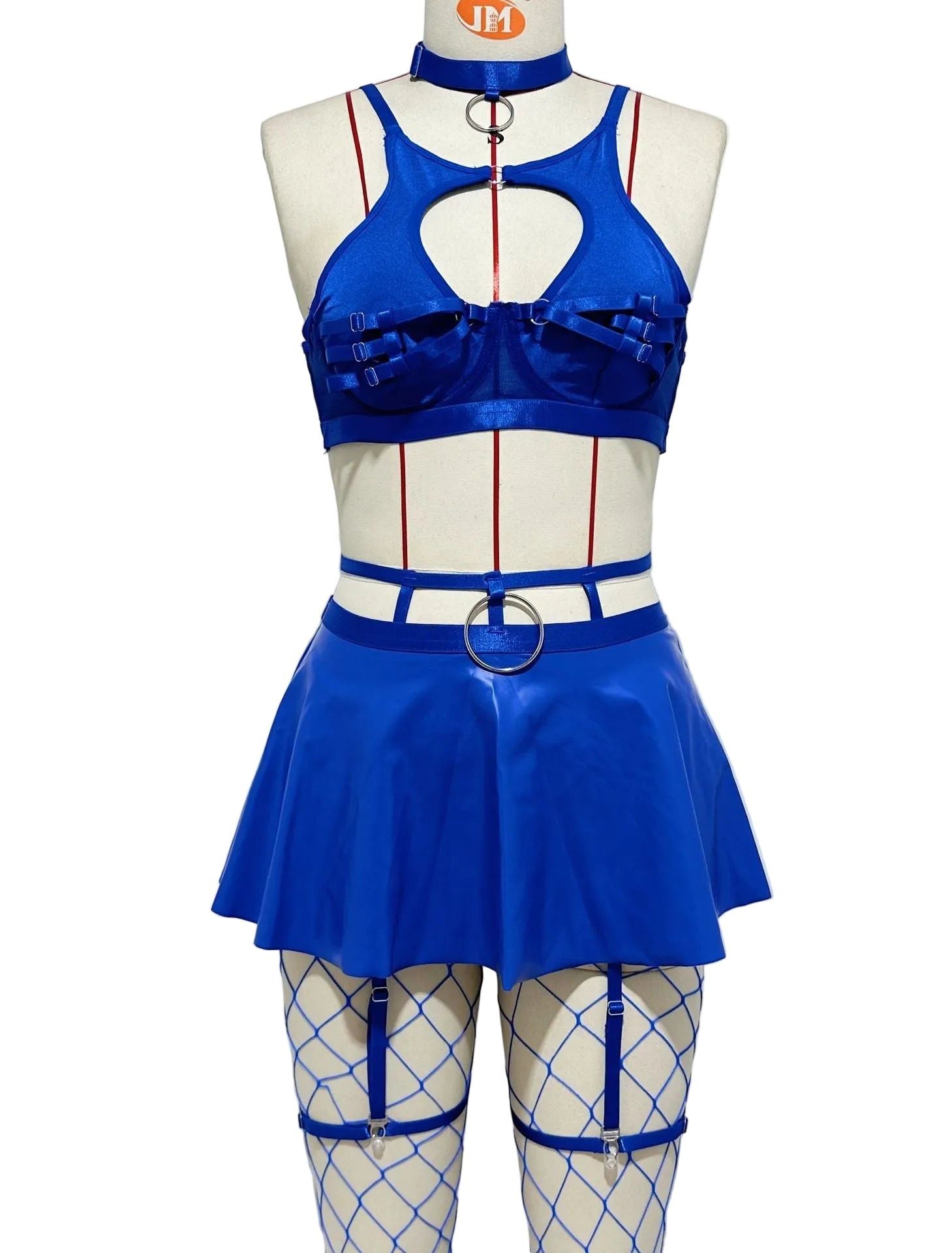 House Of Dasein Lace Sexy Lingerie Set Bra Solid Color Leather Skirt With Fishnet Stockings Women's - Blue - M