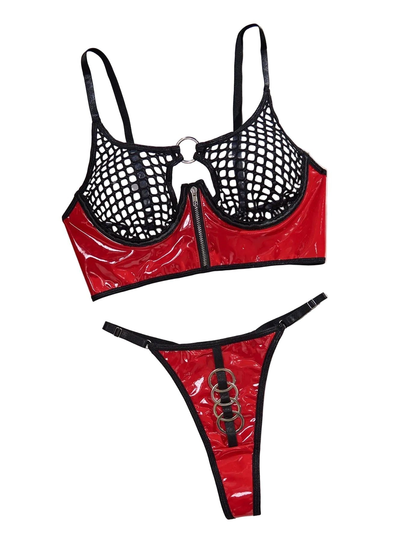Mesh Sexy Patent Leather Women's Underwear Gathering With Steel Ring For Fun Two Piece Set - Black And Red - L