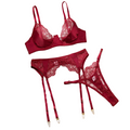 House Of Dasein Sexy Embroidered Lace Bra Underwear Hollow Out Three Piece Backless Women's Lingerie With Silk Stockings - Wine Red - M