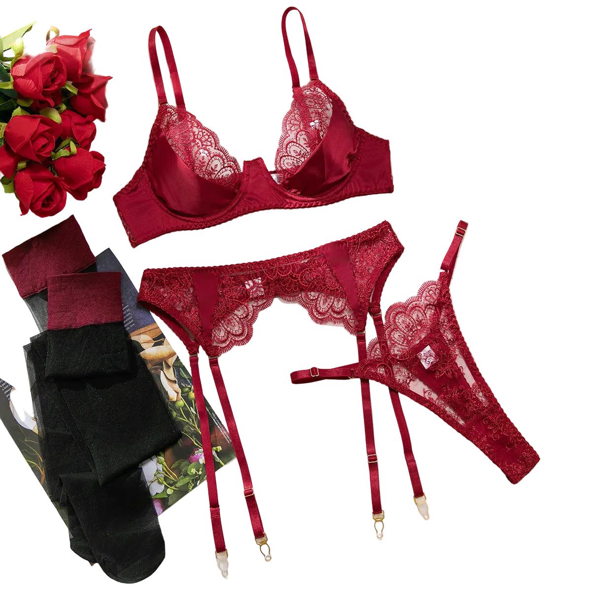 House Of Dasein Heavy Embroidery Sexy Hollow Out Transparent Splicing Lingerie Set With Stockings For Women - Wine Red - Xl