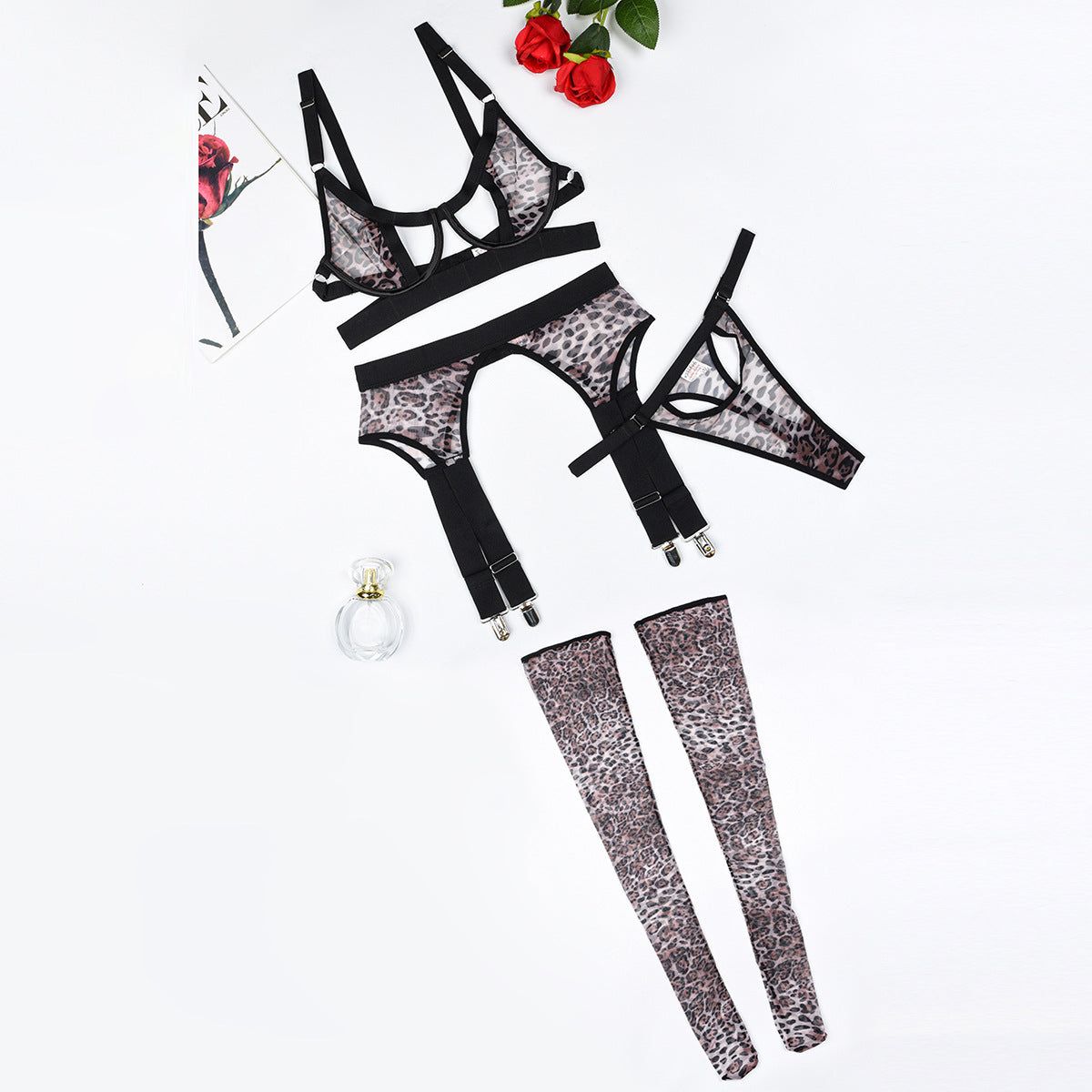 House Of Dasein Sexy Leopard Print Erotic Mesh See Through Shaping Underwear Four Piece Set - S - Black Leopard Pattern Color
