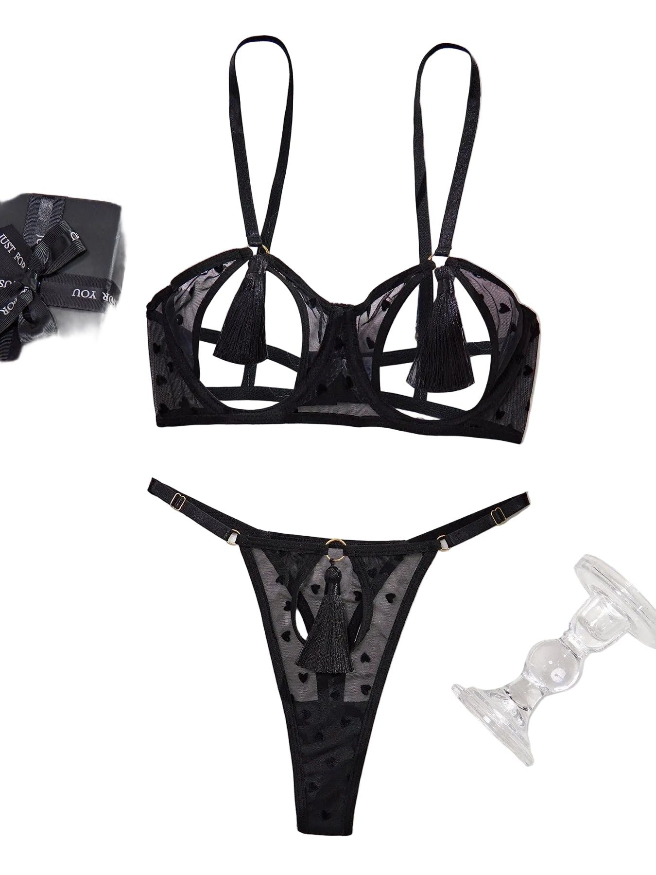 House Of Dasein Love Perspective Mesh Sexy Tassel Fun Hollow Underwear Two Piece Set For Women - Black - S