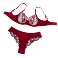 Sexy Embroidered Bra Underwear Ultra Thin Mesh Splicing Large Chest Minimizer Women's Transparent Two Piece Set - Wine Red - Xl