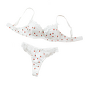 Printed Lace Bra Set With Steel Ring Gathering Bowknot Erotic Underwear - White - S