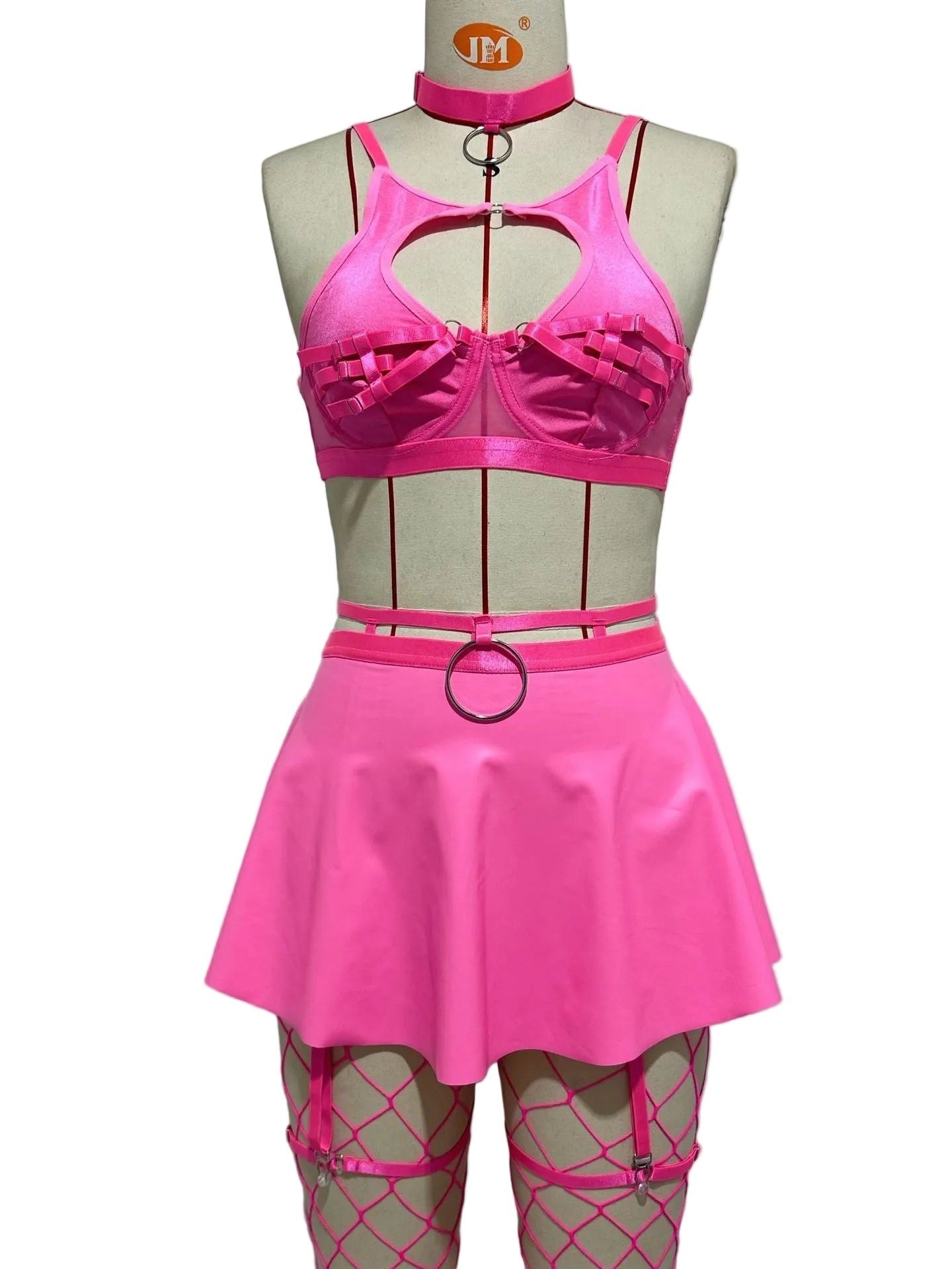 House Of Dasein Lace Sexy Lingerie Set Bra Solid Color Leather Skirt With Fishnet Stockings Women's - Pink - M