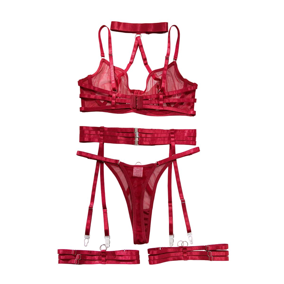 Necklace Bra Set Ultra Thin Mesh Transparent Sexy Strap Metal Buckle Tempting Lingerie - Wine Red - M