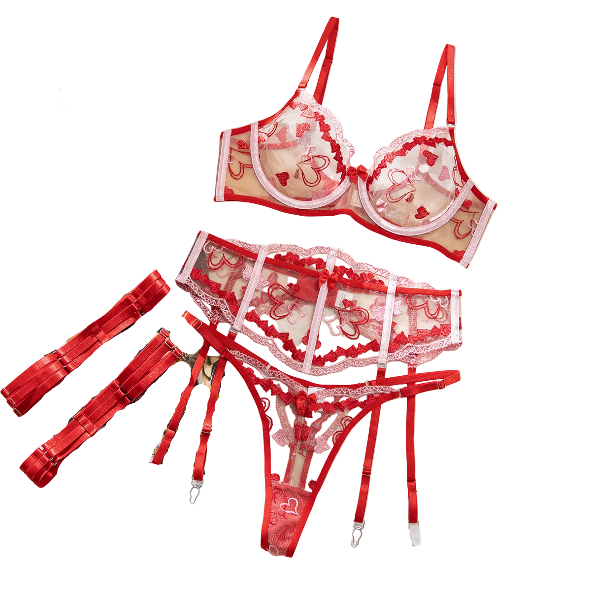 House Of Dasein Sexy Cupid Contrast Heart Embroidery Mesh Boned Waist Bow Women's Lingerie - Red - Xl