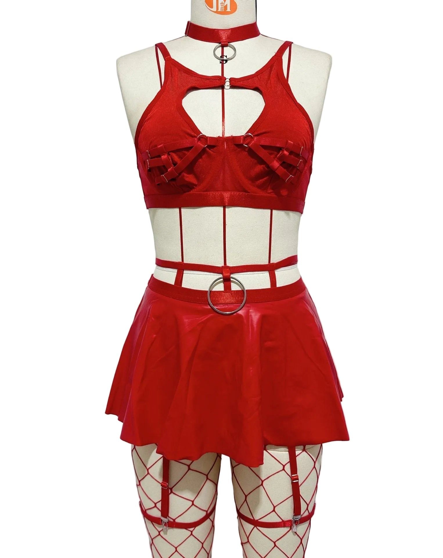 House Of Dasein Lace Sexy Lingerie Set Bra Solid Color Leather Skirt With Fishnet Stockings Women's - Red - L