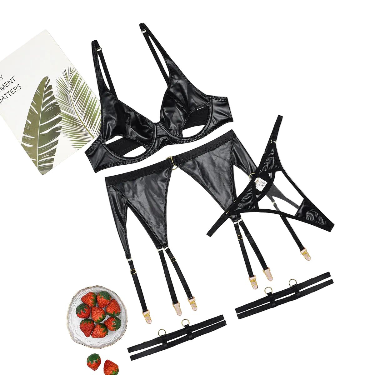 House Of Dasein Hollow Out Backless Transparent Sexy Lingerie Garter Belt Four Piece Set - Black - M