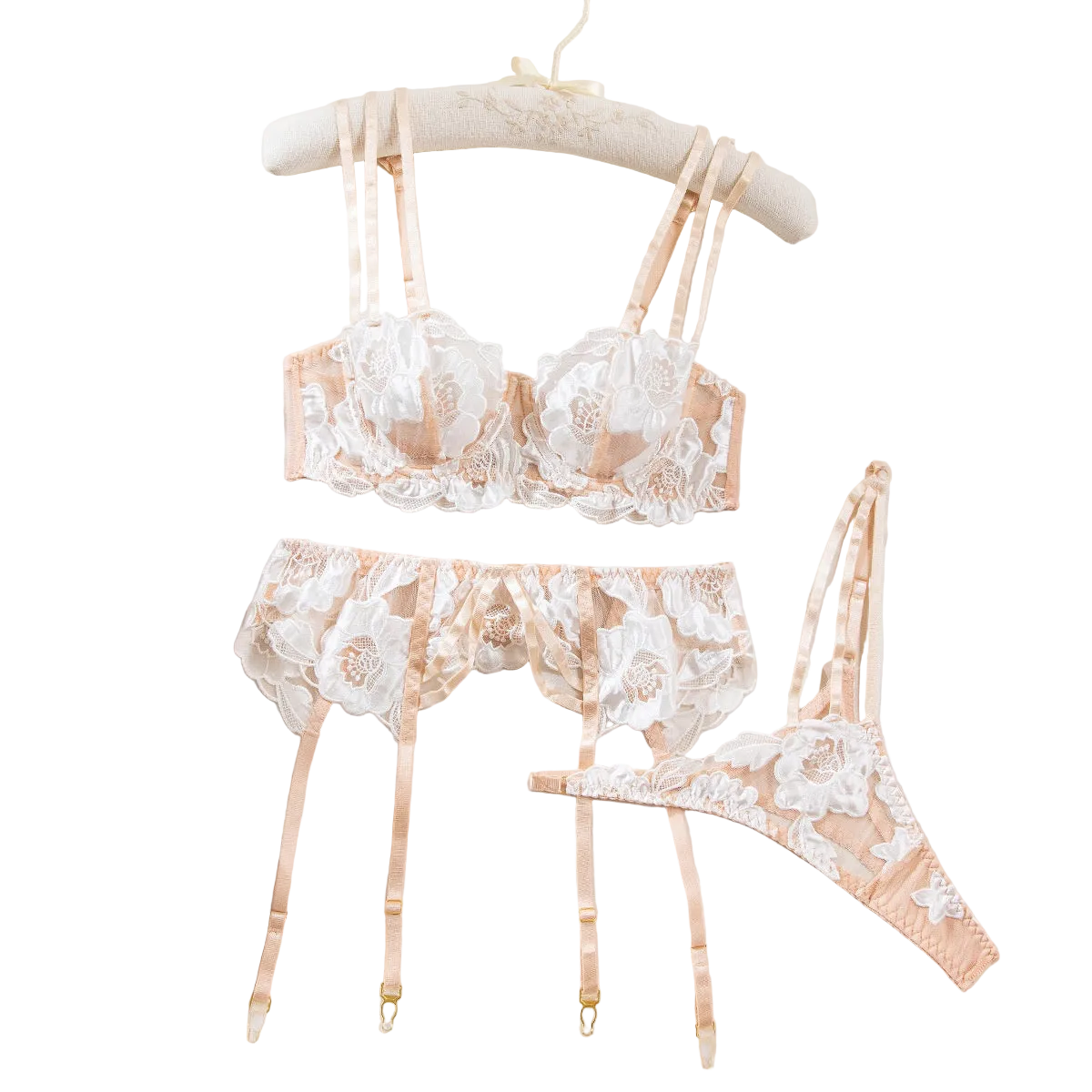 House Of Dasein Sexy Sheer Lace Embroidered Hollow-Out Shapewear Erotic Lingerie Garter Belt Three-Piece Set - White - Xl