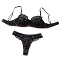 Printed Lace Bra Set With Steel Ring Gathering Bowknot Erotic Underwear - Black - L