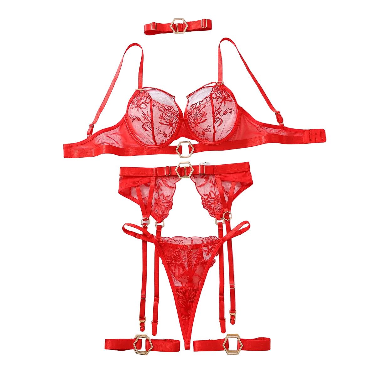 House Of Dasein Metal Buckle Embroidery Mesh Splicing Heavy Duty Erotic Lingerie Five Piece Set - Red - S