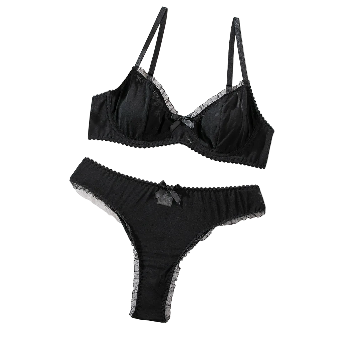 House Of Dasein Sexy Mesh Heart Print Bra Set Ultra Thin Comfortable Tempting Lingerie Two Piece - Black - S