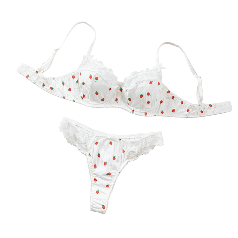 Printed Lace Bra Set With Steel Ring Gathering Bowknot Erotic Underwear - White - Xl