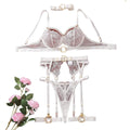 House Of Dasein Metal Buckle Embroidery Mesh Splicing Heavy Duty Erotic Lingerie Five Piece Set - White - L