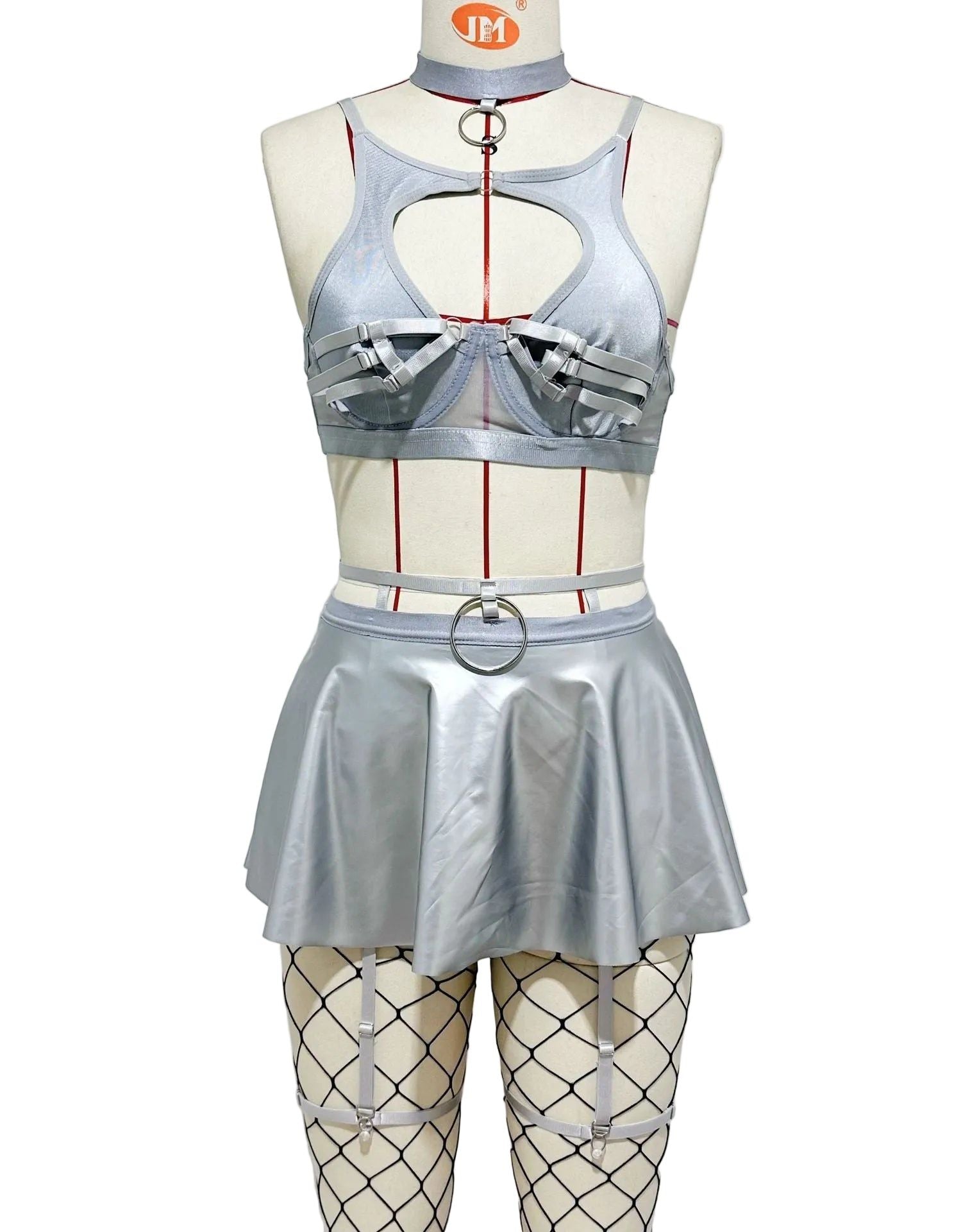House Of Dasein Lace Sexy Lingerie Set Bra Solid Color Leather Skirt With Fishnet Stockings Women's - Silver - L