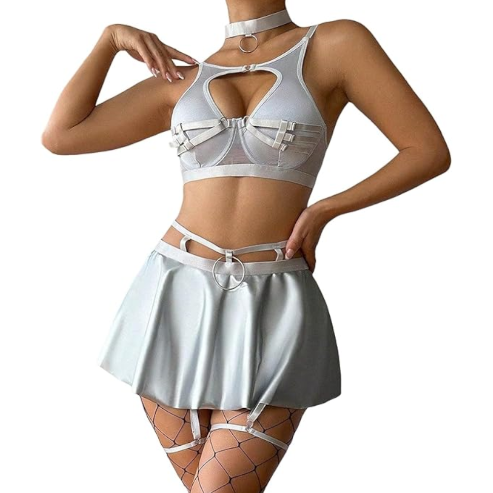 Lace Erotic Lingerie Set Sexy Bra Solid Color Leather - Silver - Xxl