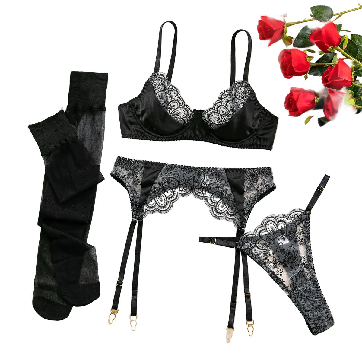 House Of Dasein Heavy Embroidery Sexy Hollow Out Transparent Splicing Lingerie Set With Stockings For Women - Black - S
