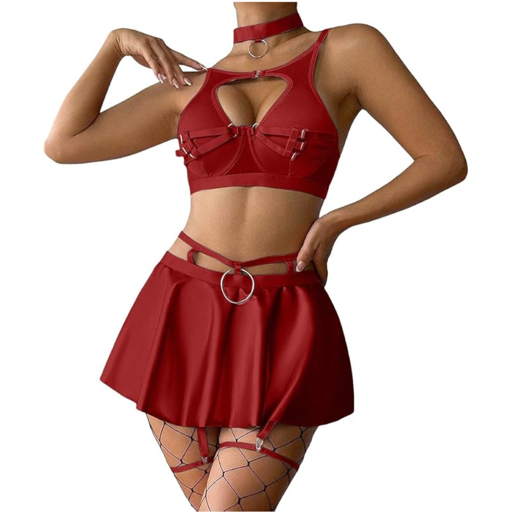 Lace Erotic Lingerie Set Sexy Bra Solid Color Leather - Red - Xxl