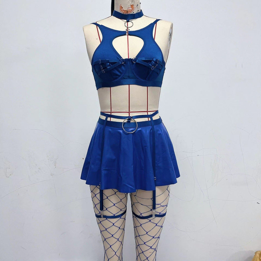 Lace Erotic Lingerie Set Sexy Bra Solid Color Leather - Blue - Xxl