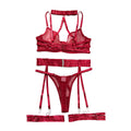 Necklace Bra Set Ultra Thin Mesh Transparent Sexy Strap Metal Buckle Tempting Lingerie - Wine Red - L