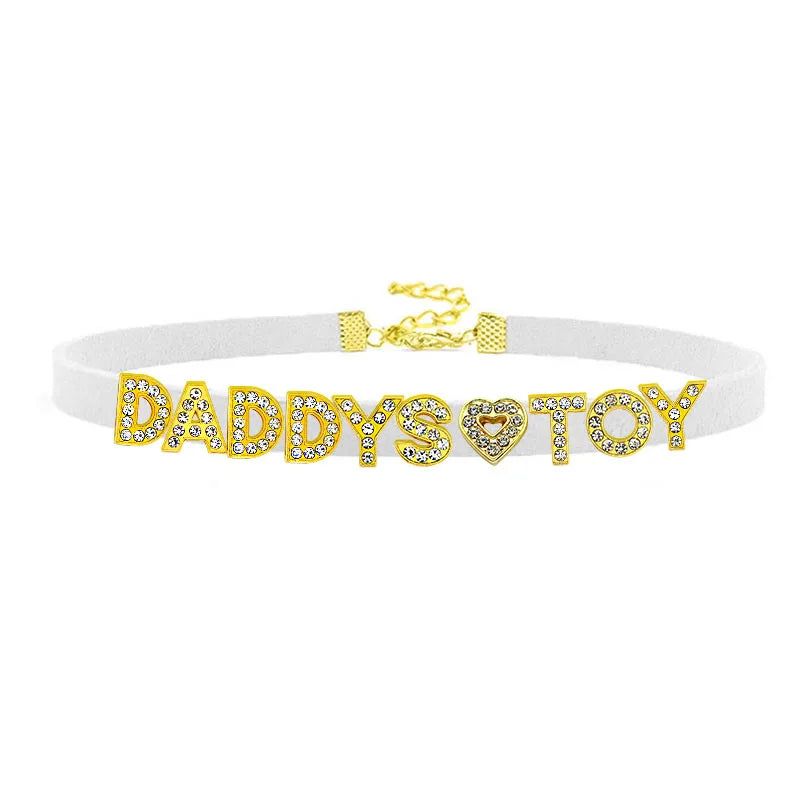 House Of Dasein Sexy Gold Color Letters Daddys Toy Choker Collar Necklace Men Women Ddlg Role Age Play Suede Leather Chocker Cosplay Jewelry - White - 32Cm Plus 7Cm - 1-10 Custom Letters