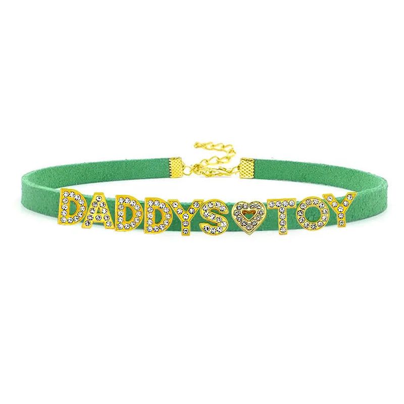 House Of Dasein Sexy Gold Color Letters Daddys Toy Choker Collar Necklace Men Women Ddlg Role Age Play Suede Leather Chocker Cosplay Jewelry - Green - 40Cm Plus 7Cm - Daddys Toy