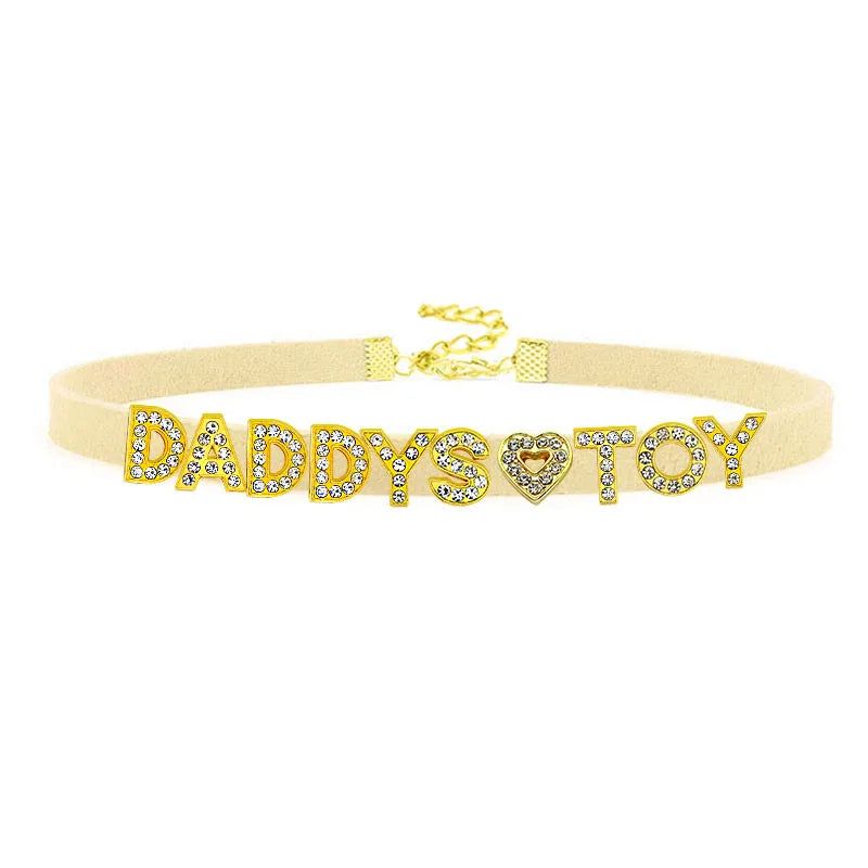 House Of Dasein Sexy Gold Color Letters Daddys Toy Choker Collar Necklace Men Women Ddlg Role Age Play Suede Leather Chocker Cosplay Jewelry - Beige - 40Cm Plus 7Cm - 1-10 Custom Letters
