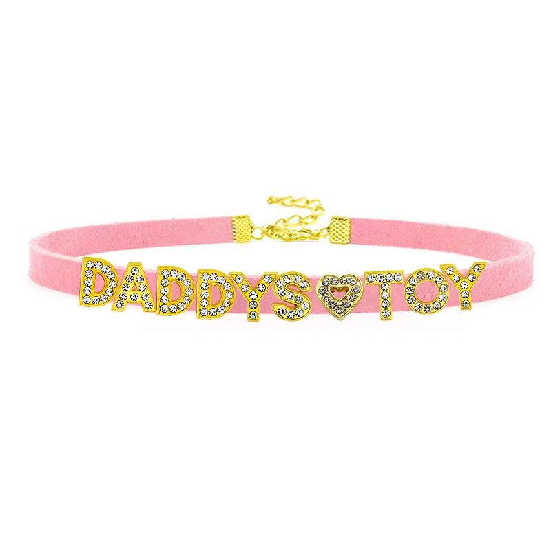 House Of Dasein Sexy Gold Color Letters Daddys Toy Choker Collar Necklace Men Women Ddlg Role Age Play Suede Leather Chocker Cosplay Jewelry - Pink - 32Cm Plus 7Cm - Daddys Toy