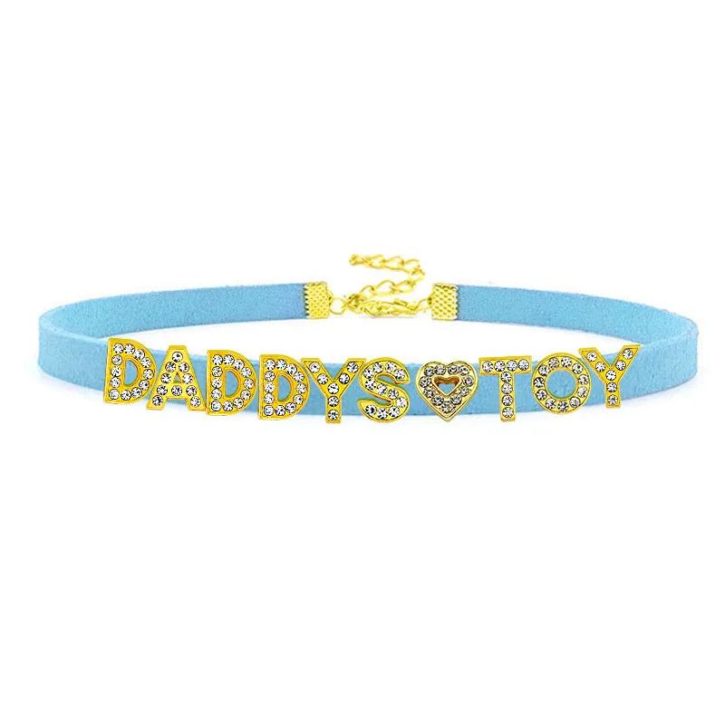 House Of Dasein Sexy Gold Color Letters Daddys Toy Choker Collar Necklace Men Women Ddlg Role Age Play Suede Leather Chocker Cosplay Jewelry - Sky Blue - 40Cm Plus 7Cm - Daddys Toy
