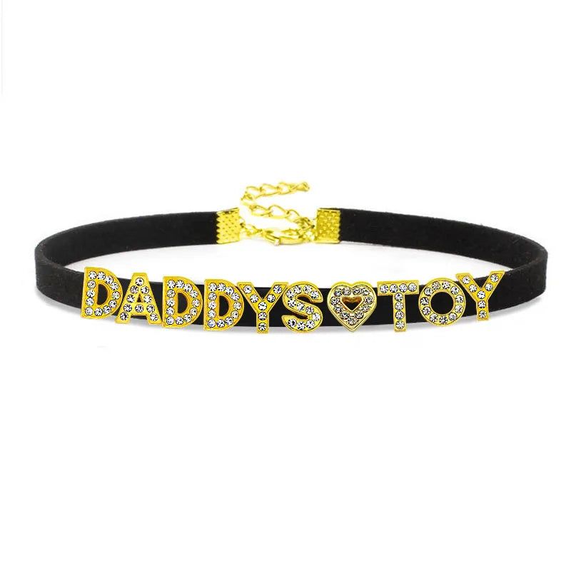 House Of Dasein Sexy Gold Color Letters Daddys Toy Choker Collar Necklace Men Women Ddlg Role Age Play Suede Leather Chocker Cosplay Jewelry - Black - 40Cm Plus 7Cm - 1-10 Custom Letters