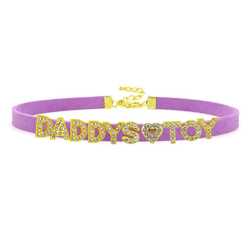 House Of Dasein Sexy Gold Color Letters Daddys Toy Choker Collar Necklace Men Women Ddlg Role Age Play Suede Leather Chocker Cosplay Jewelry - Purple - 32Cm Plus 7Cm - 1-10 Custom Letters