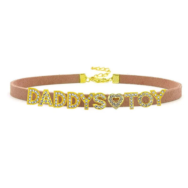 House Of Dasein Sexy Gold Color Letters Daddys Toy Choker Collar Necklace Men Women Ddlg Role Age Play Suede Leather Chocker Cosplay Jewelry - Brown - 32Cm Plus 7Cm - 1-10 Custom Letters