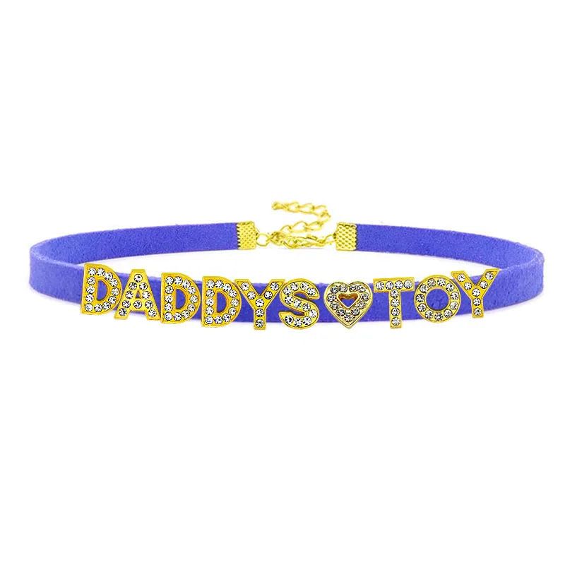 House Of Dasein Sexy Gold Color Letters Daddys Toy Choker Collar Necklace Men Women Ddlg Role Age Play Suede Leather Chocker Cosplay Jewelry - Royal Blue - 32Cm Plus 7Cm - 1-10 Custom Letters