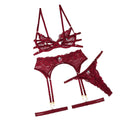 House Of Dasein Waterdrop Diamond Grain Sexy Lace Hollow Underwear Set With Steel Rim - Wine Red - S