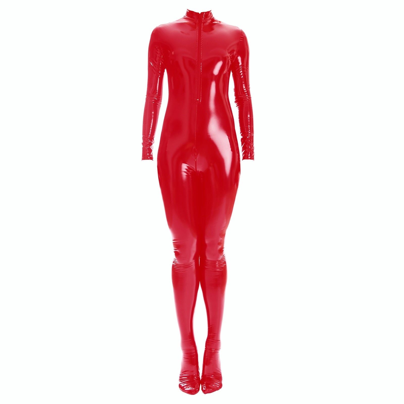 Sexy Shiny Full Body Patent Leather Open Crotch Catsuits Bodysuits - Shiny Red - L