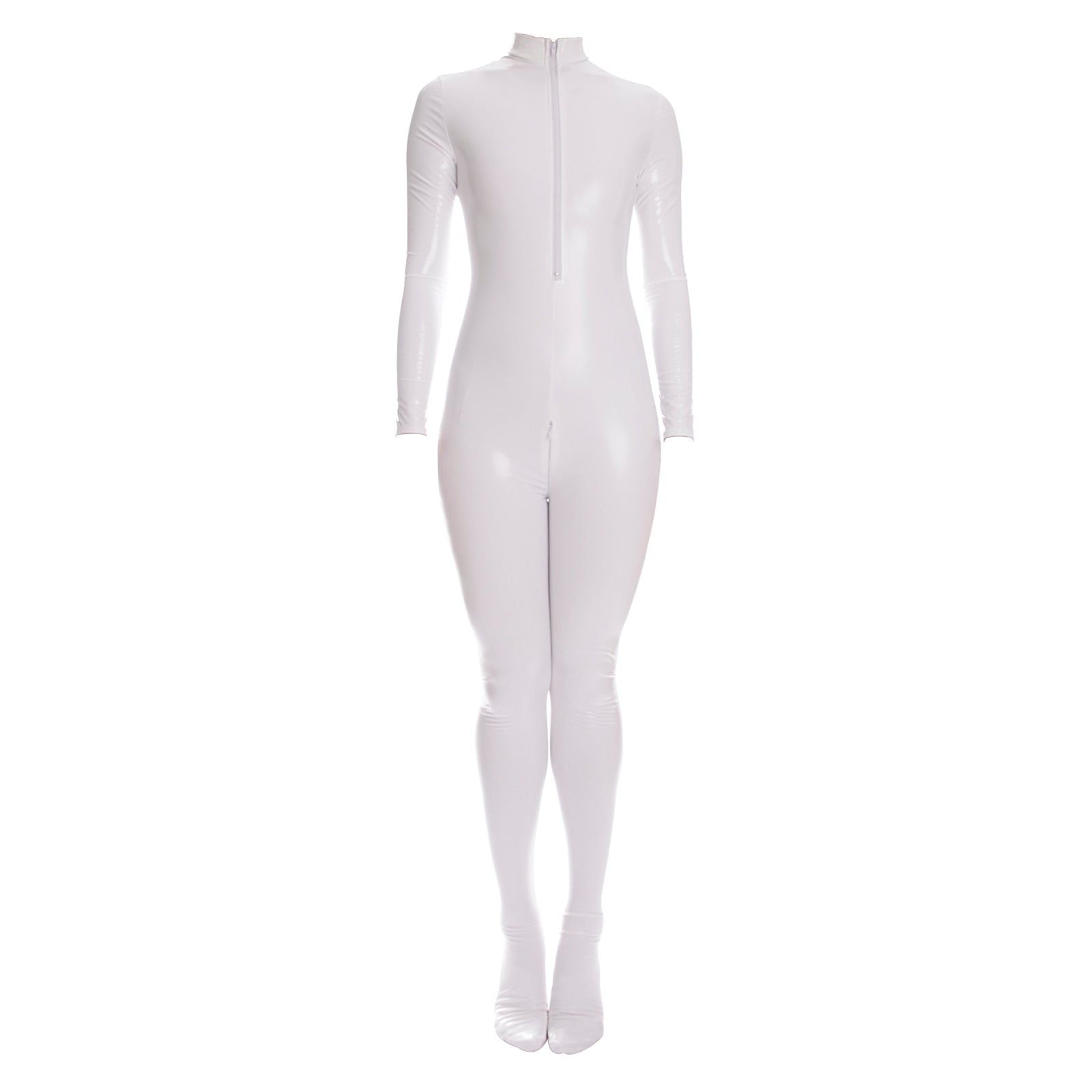 Sexy Shiny Full Body Patent Leather Open Crotch Catsuits Bodysuits - Shiny White - M