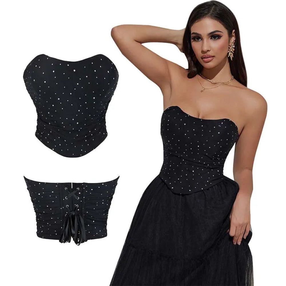 House Of Dasein Black Ruched Hem Corset Crop Top For Plus Size Women Back Lace Tight Fit Sequined Detailing Large - L