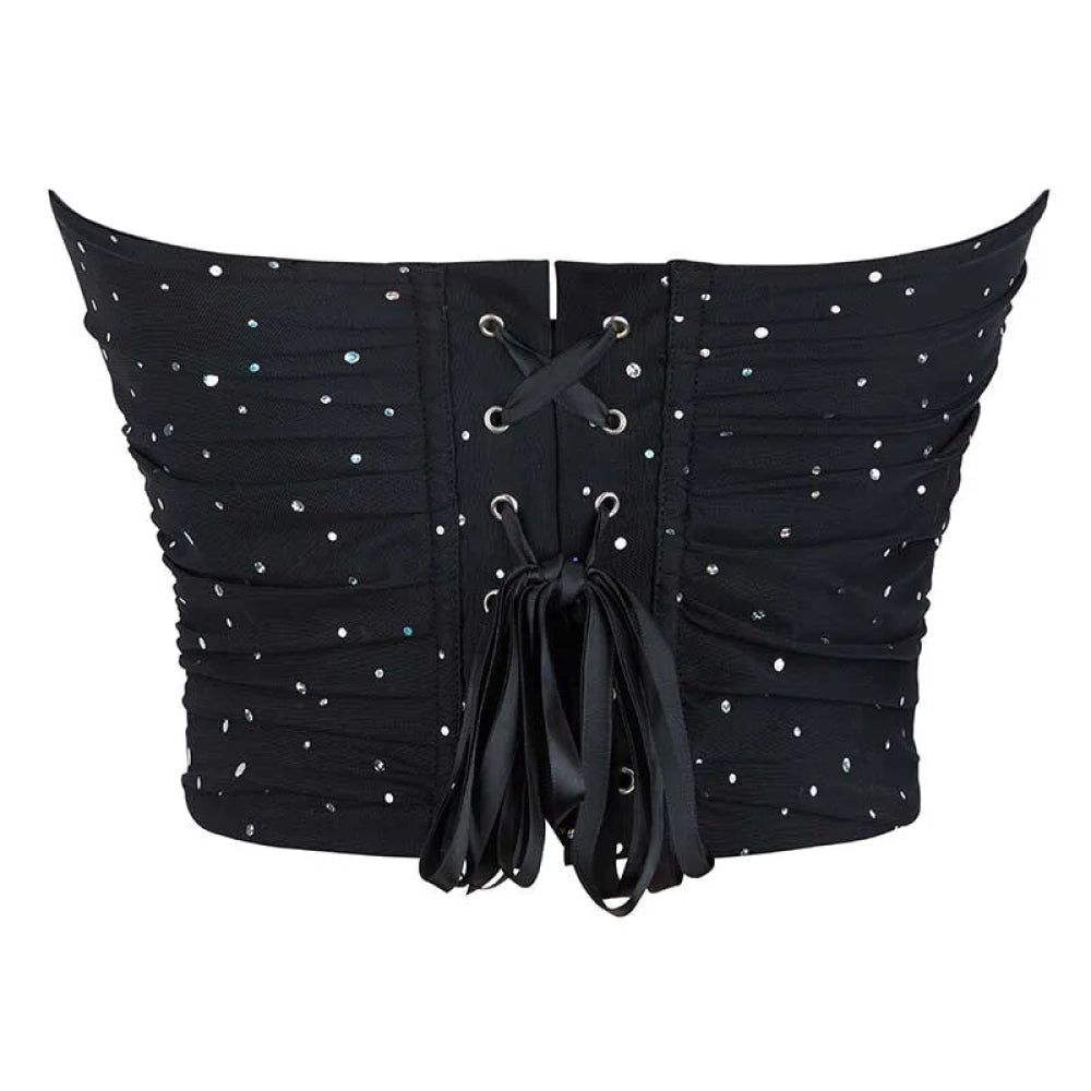 House Of Dasein Black Ruched Hem Corset Crop Top For Plus Size Women Back Lace Tight Fit Sequined Detailing Large - L