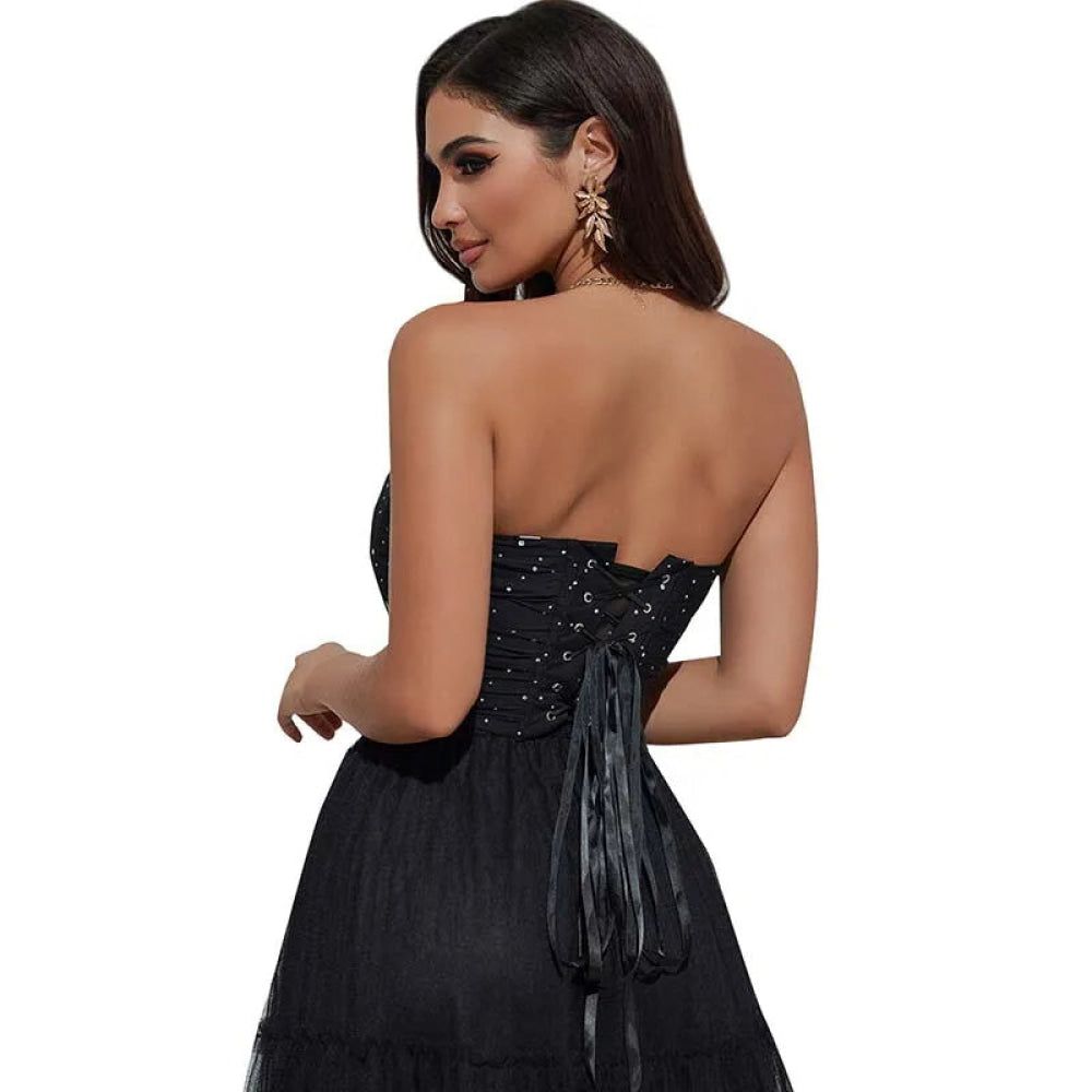 House Of Dasein Black Ruched Hem Corset Crop Top For Plus Size Women Back Lace Tight Fit Sequined Detailing Large - Xxl