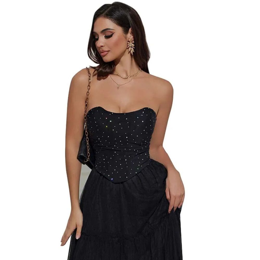 House Of Dasein Black Ruched Hem Corset Crop Top For Plus Size Women Back Lace Tight Fit Sequined Detailing Large - Xl