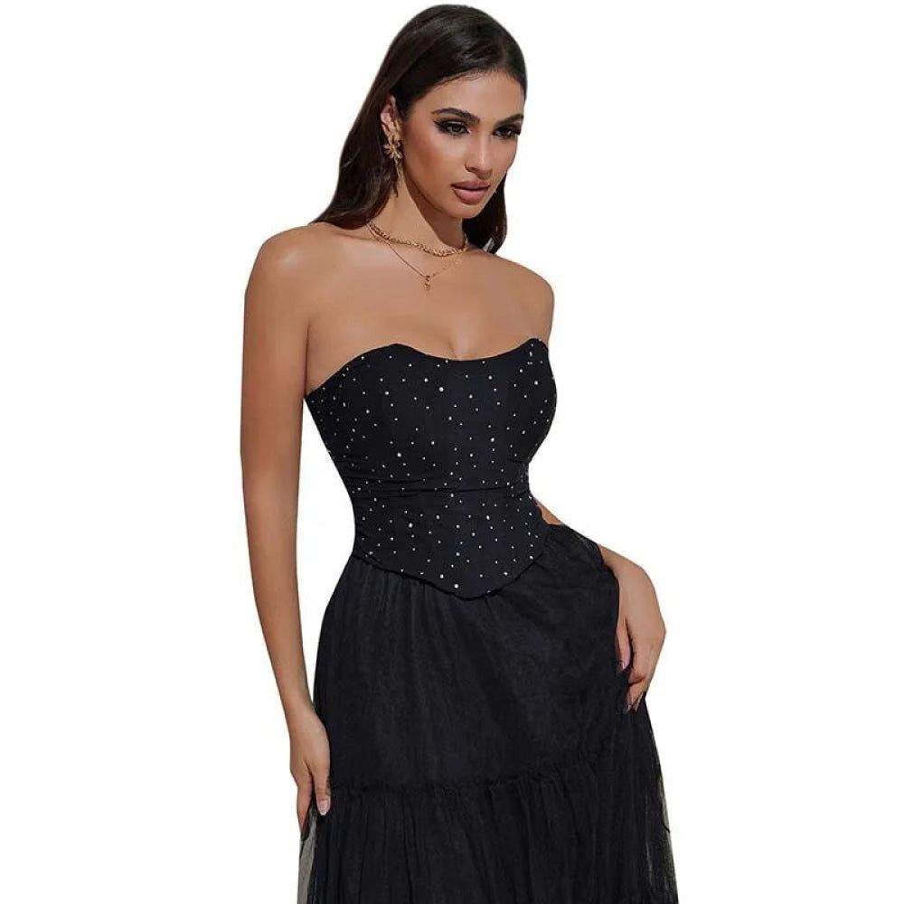 House Of Dasein Black Ruched Hem Corset Crop Top For Plus Size Women Back Lace Tight Fit Sequined Detailing Large - S