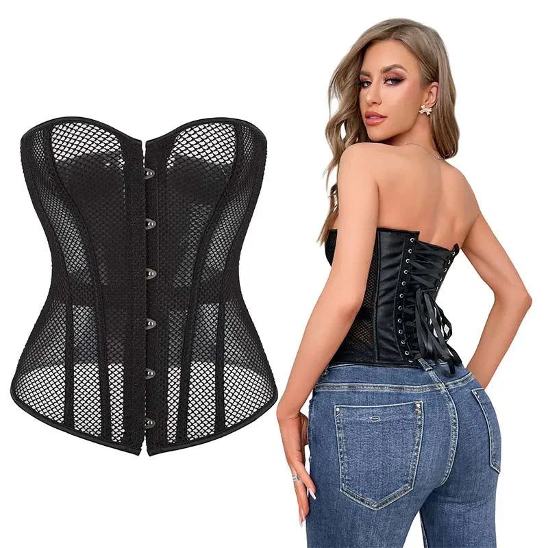House Of Dasein Transparent Gothic Corset With Thong Plus Size S-6Xl Mesh Net Lingerie Bustier Medium - Xxxl