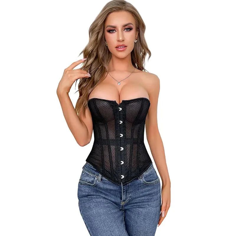 House Of Dasein Transparent Gothic Corset With Thong Plus Size S-6Xl Mesh Net Lingerie Bustier Medium - Xxxl