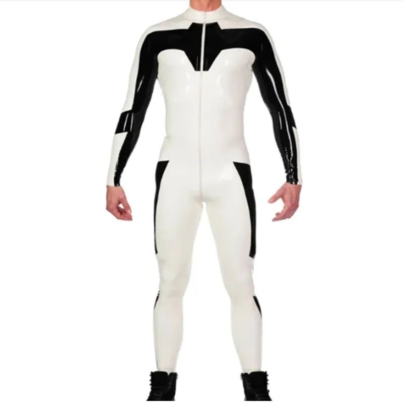 House Of Dasein White And Black Latex Catsuit No Socks Front Crotch Zip For Men Costumes - White - Xxxl