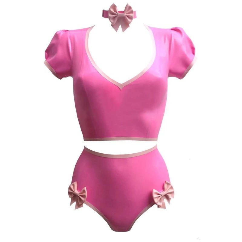 House Of Dasein Latex Rubber Women Pink Top Shirt And Shorts With Neck Collar Handmade Costumes - Pink - Xl