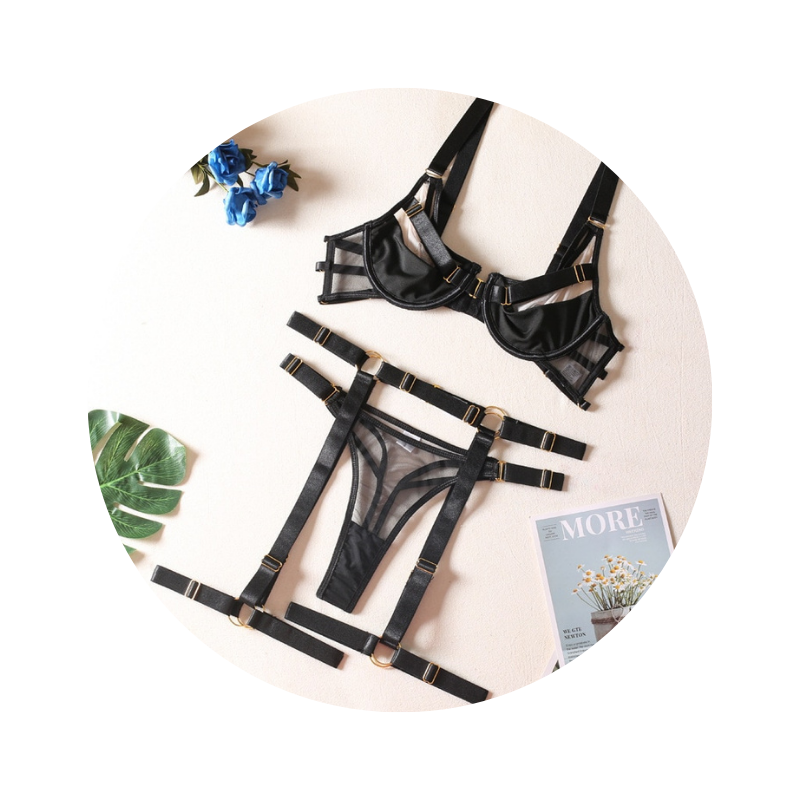 House Of Dasein Strappy Fetish Lingerie Bra Garter Underwear For Women In Black And Red - Black - L
