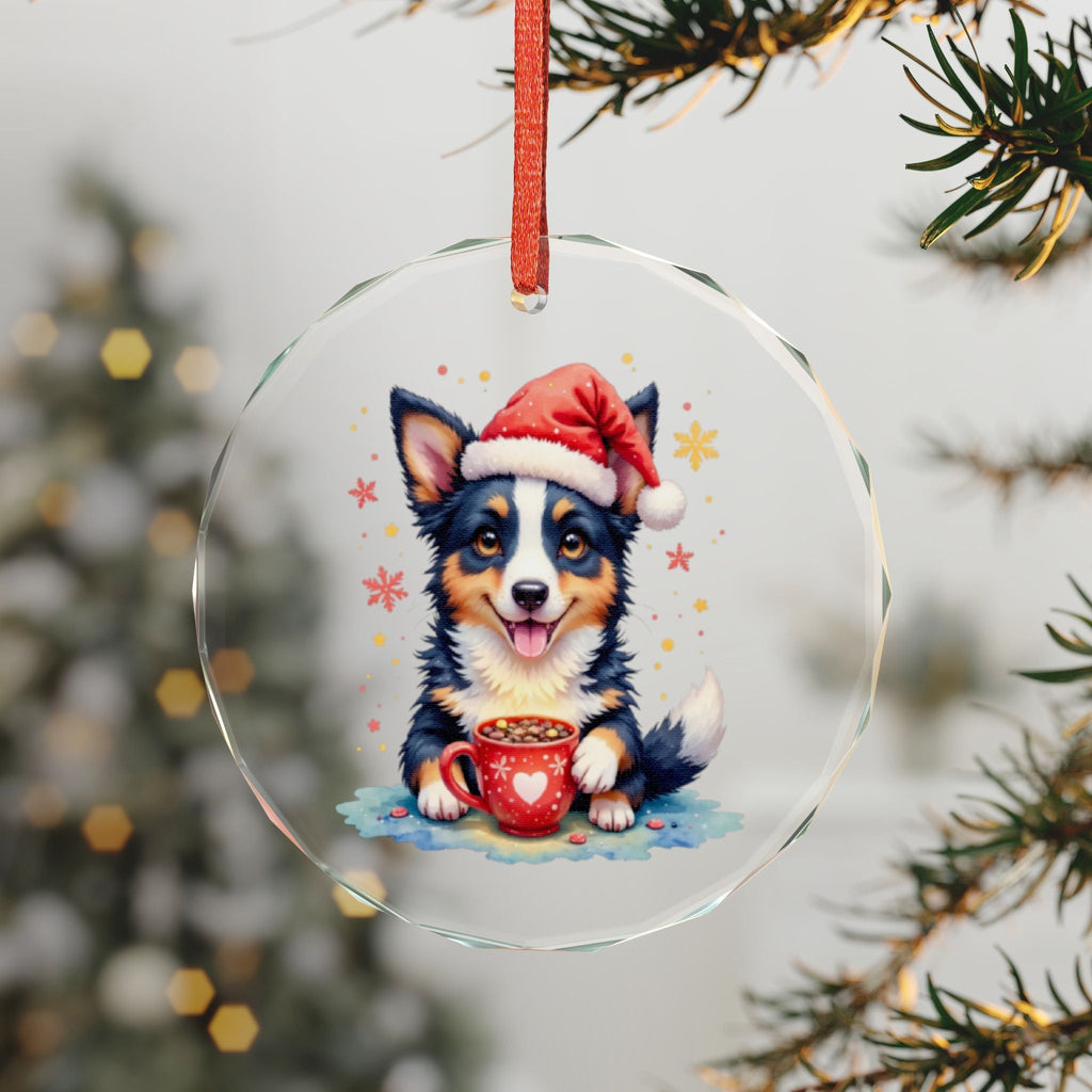 Story Nest Books Border Collie Puppy In Santa Hat Crystal Glass Ornament | Christmas Hot Cocoa Dog Lovers Gift