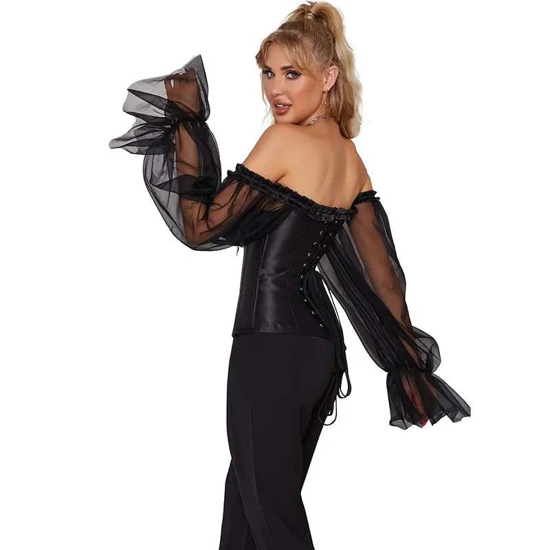 House Of Dasein Ruffled Gothic Corselet Top With Puff Sleeves And Lace-Up Boning Transparent Satin Overbust Corset For Women 4Xl - S